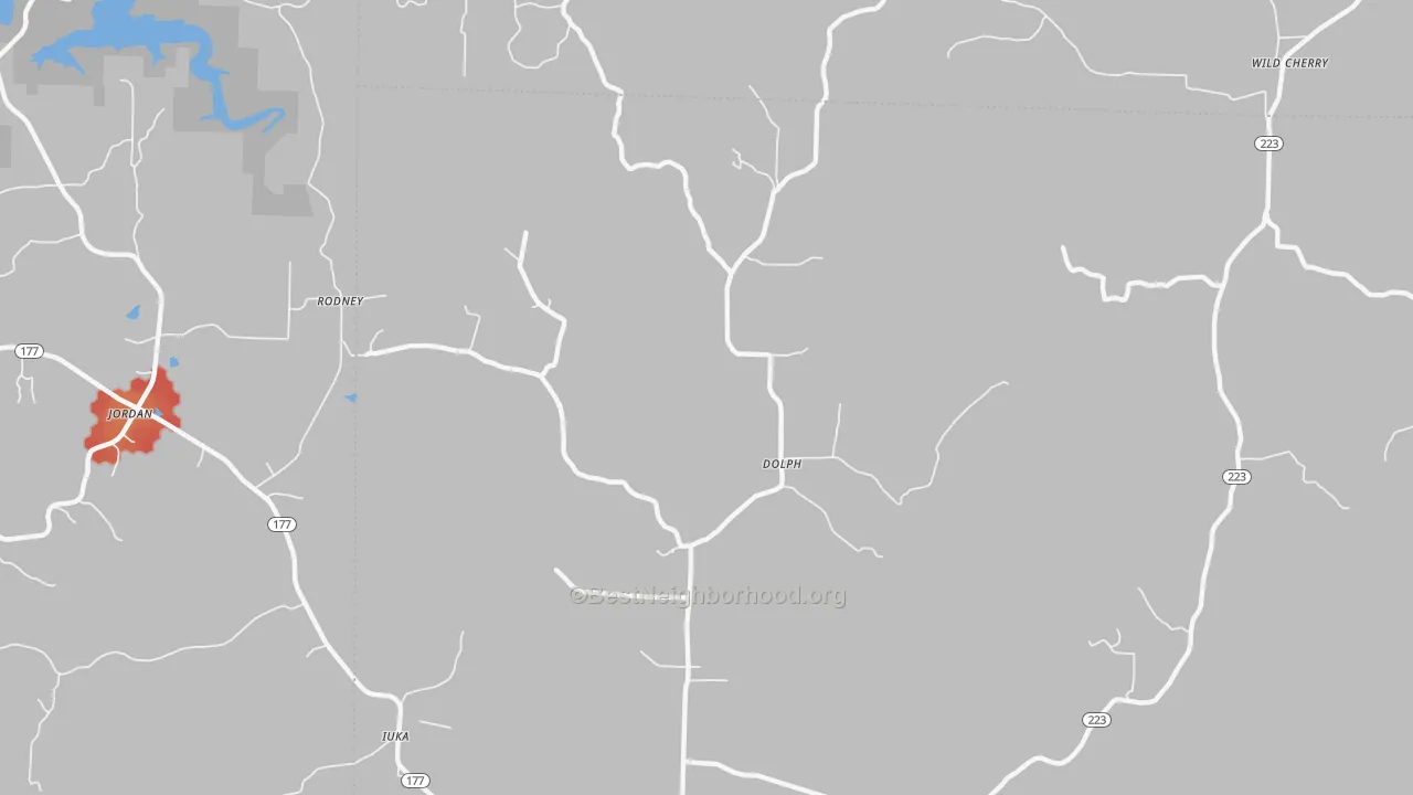 Walk Grade map of 72528, AR, walkable areas in green and car-dependent areas in red