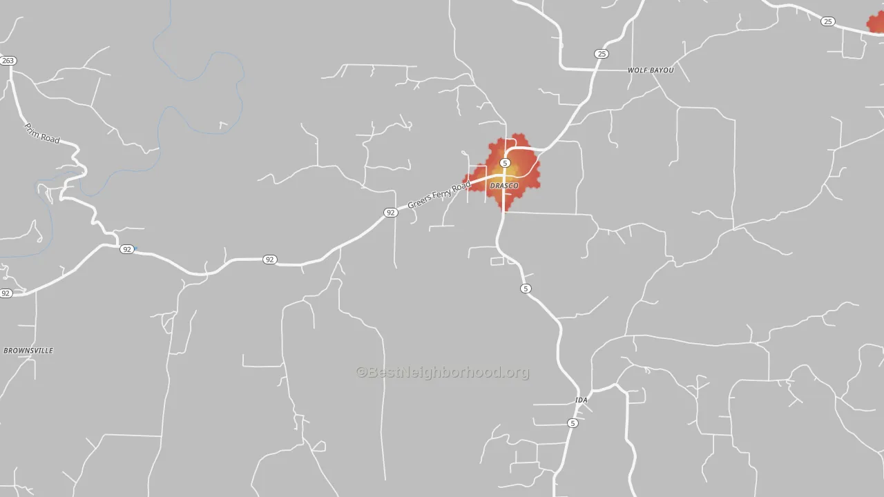 Walk Grade map of 72530, AR, walkable areas in green and car-dependent areas in red