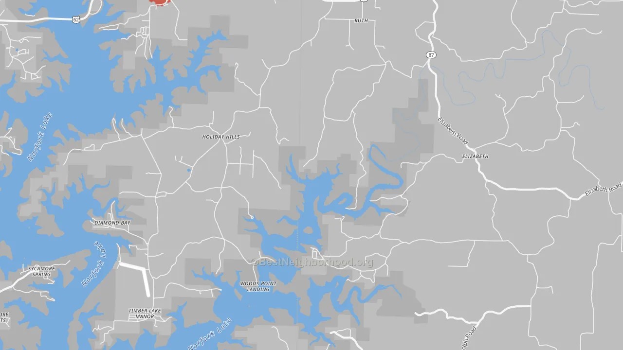 Walk Grade map of 72531, AR, walkable areas in green and car-dependent areas in red