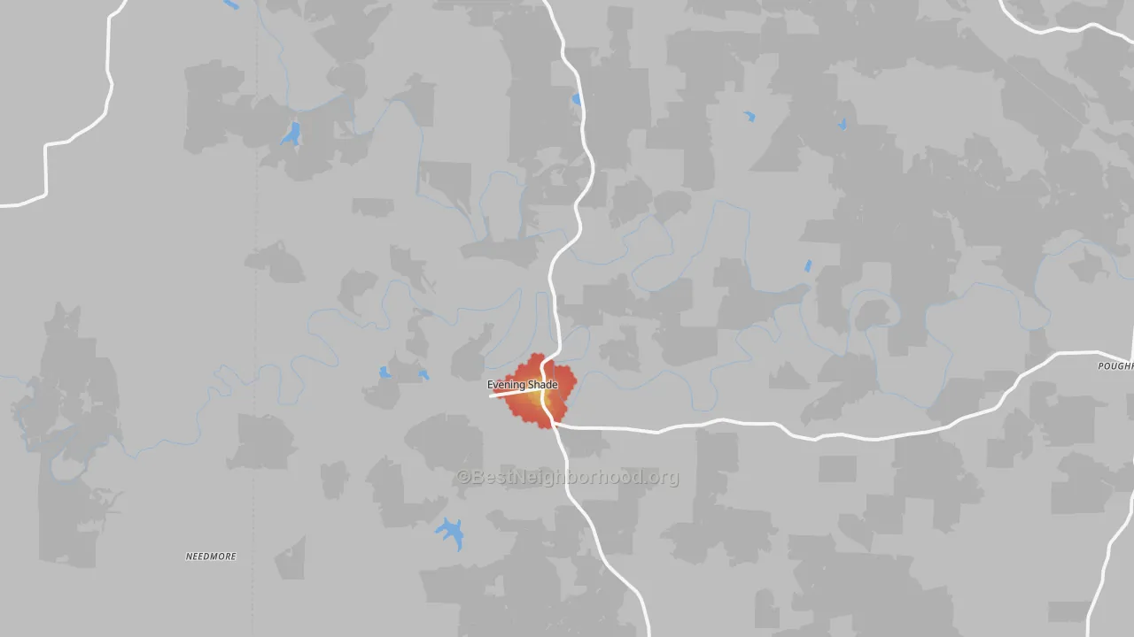 Walk Grade map of 72532, AR, walkable areas in green and car-dependent areas in red