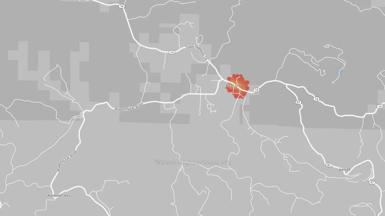 Walk Grade map of 72533, AR, walkable areas in green and car-dependent areas in red
