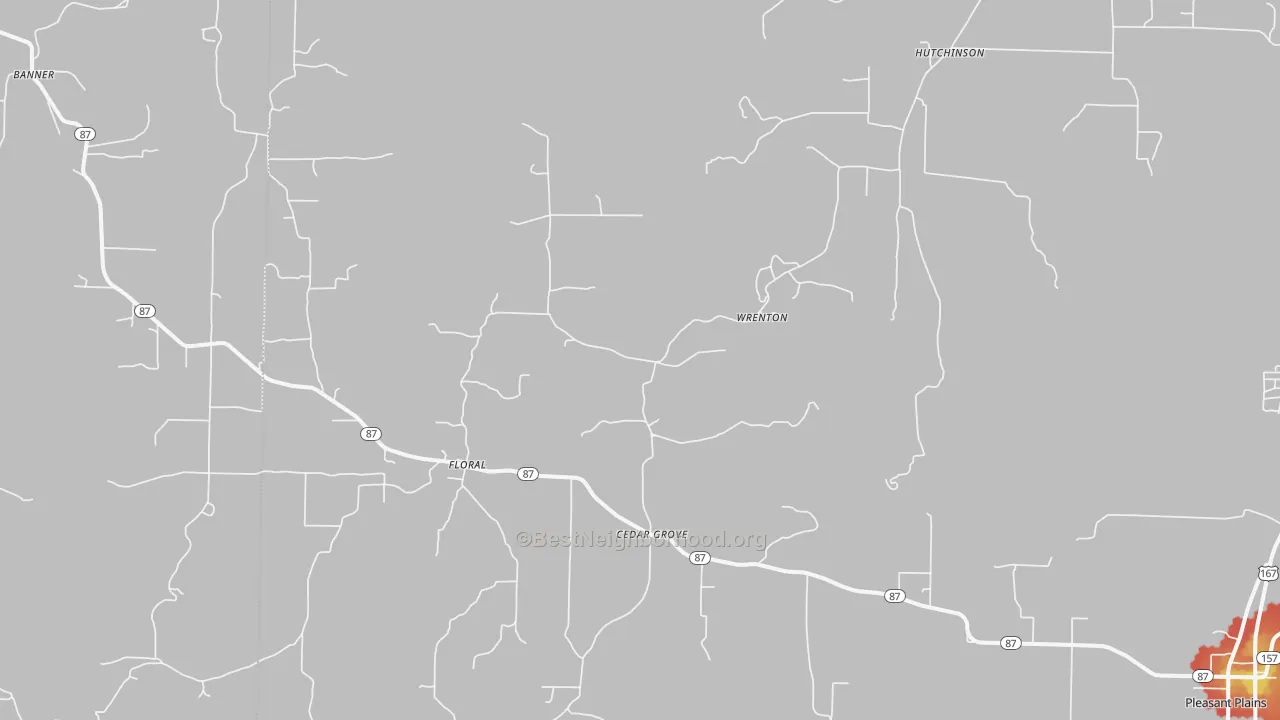 Walk Grade map of 72534, AR, walkable areas in green and car-dependent areas in red