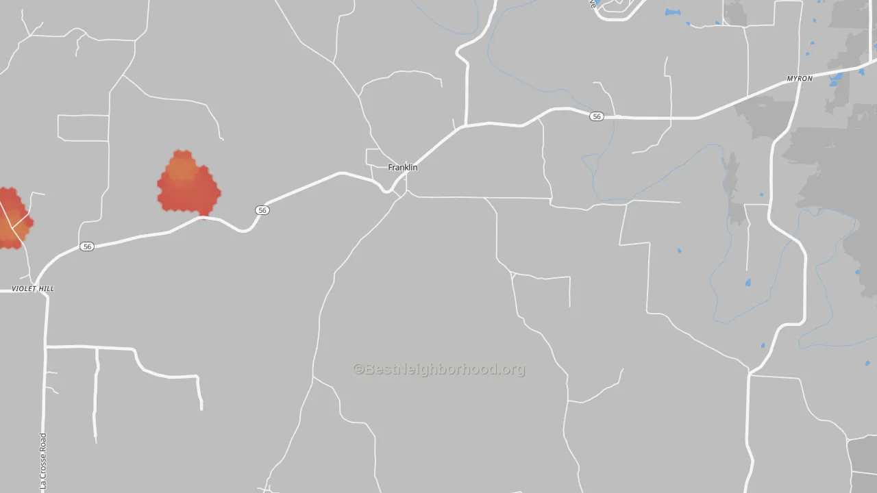 Walk Grade map of 72536, AR, walkable areas in green and car-dependent areas in red