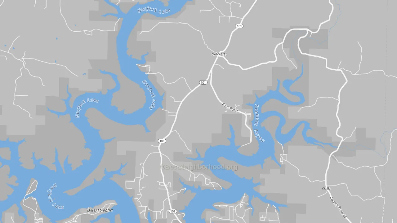Walk Grade map of 72537, AR, walkable areas in green and car-dependent areas in red