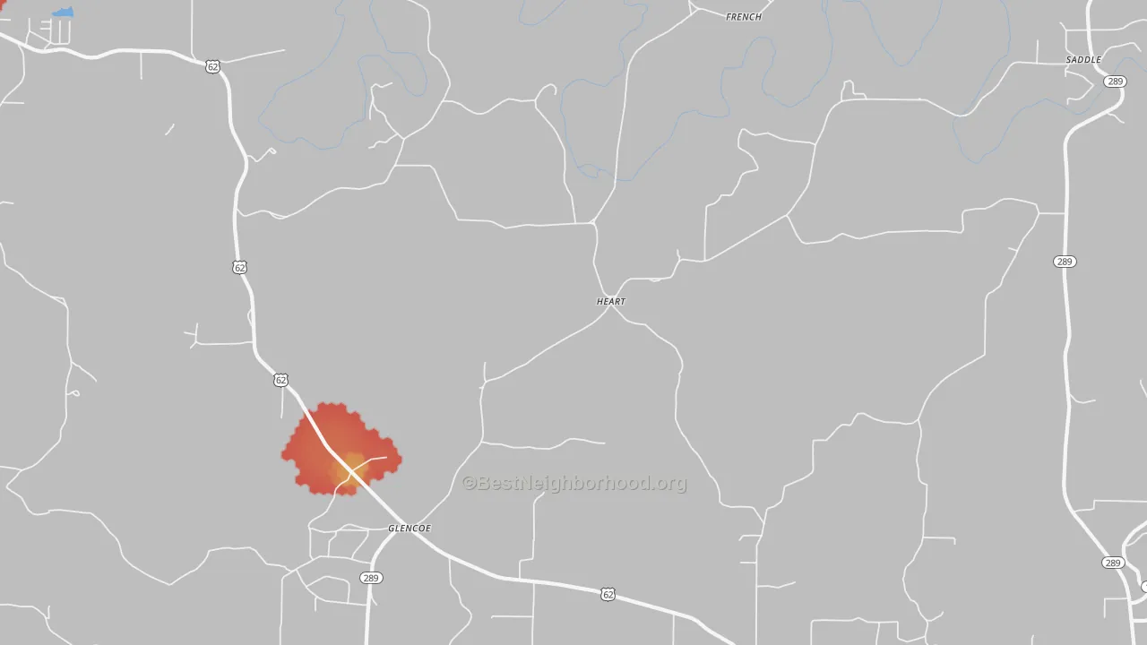 Walk Grade map of 72539, AR, walkable areas in green and car-dependent areas in red
