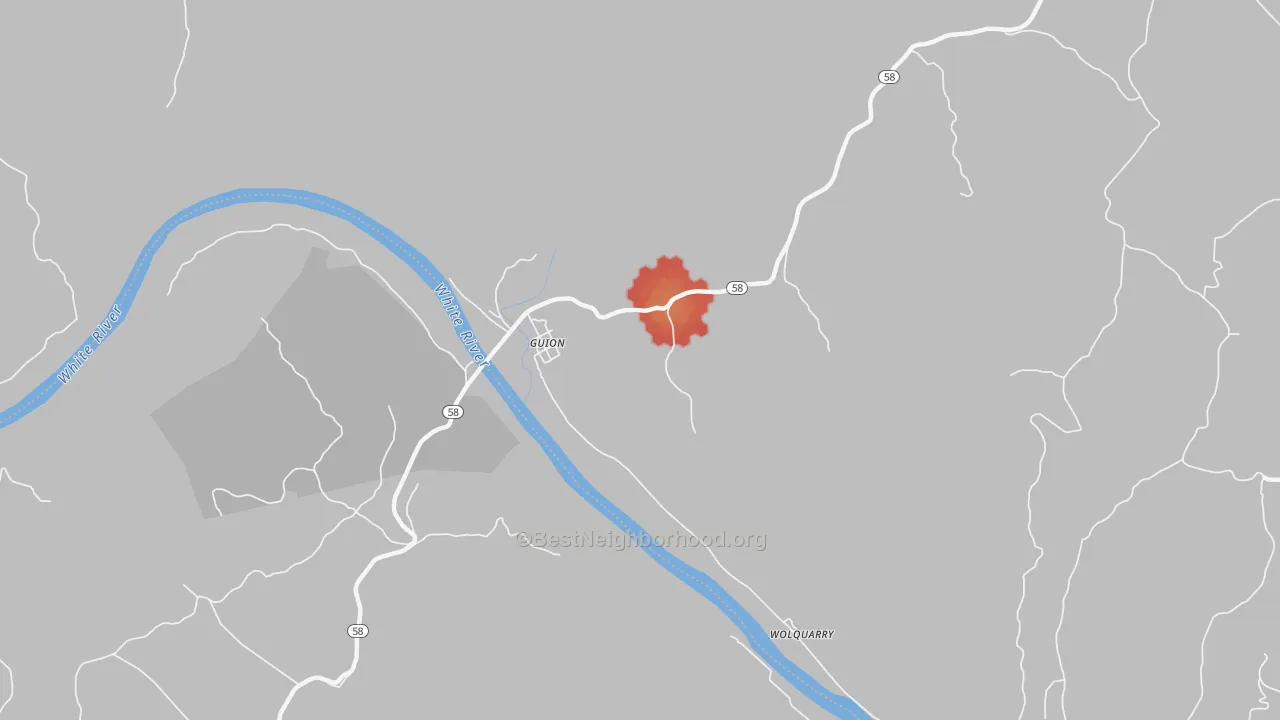 Walk Grade map of 72540, AR, walkable areas in green and car-dependent areas in red