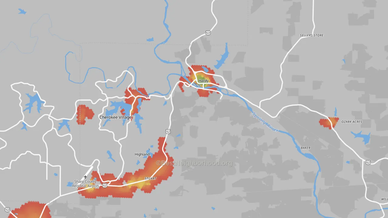 Walk Grade map of 72542, AR, walkable areas in green and car-dependent areas in red
