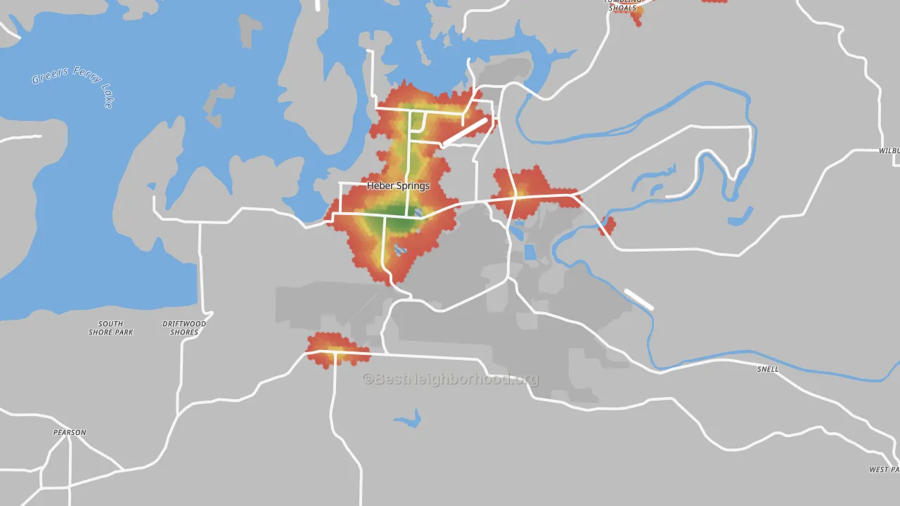 Walk Grade map of 72543, AR, walkable areas in green and car-dependent areas in red