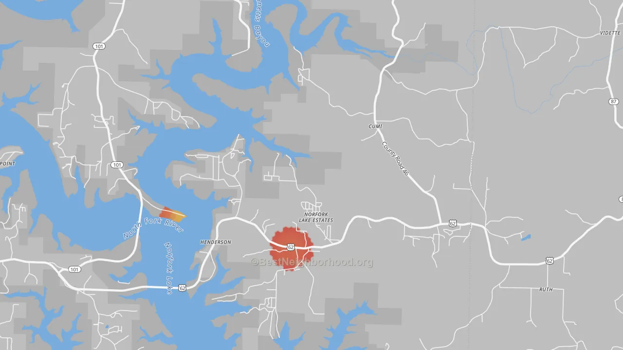 Walk Grade map of 72544, AR, walkable areas in green and car-dependent areas in red