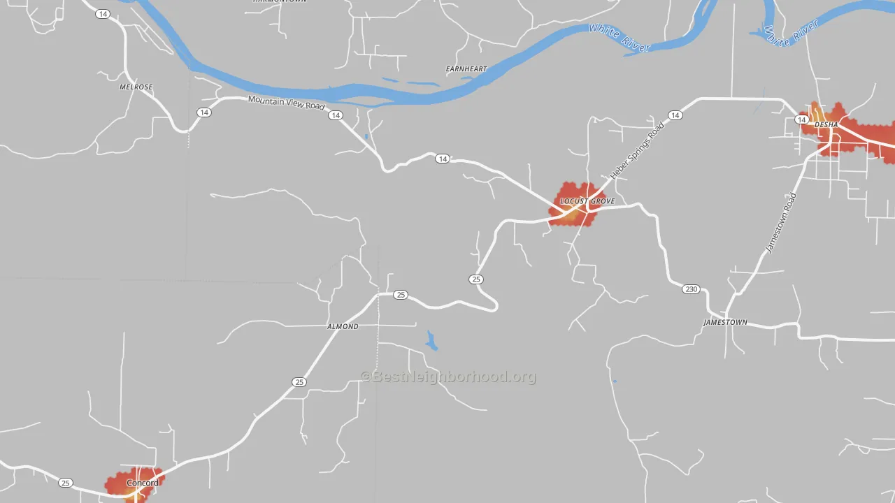 Walk Grade map of 72550, AR, walkable areas in green and car-dependent areas in red