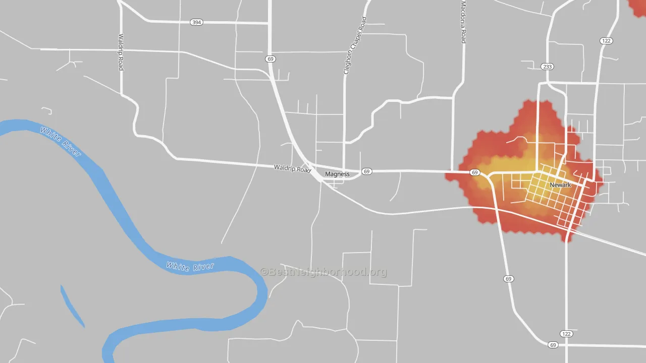 Walk Grade map of 72553, AR, walkable areas in green and car-dependent areas in red