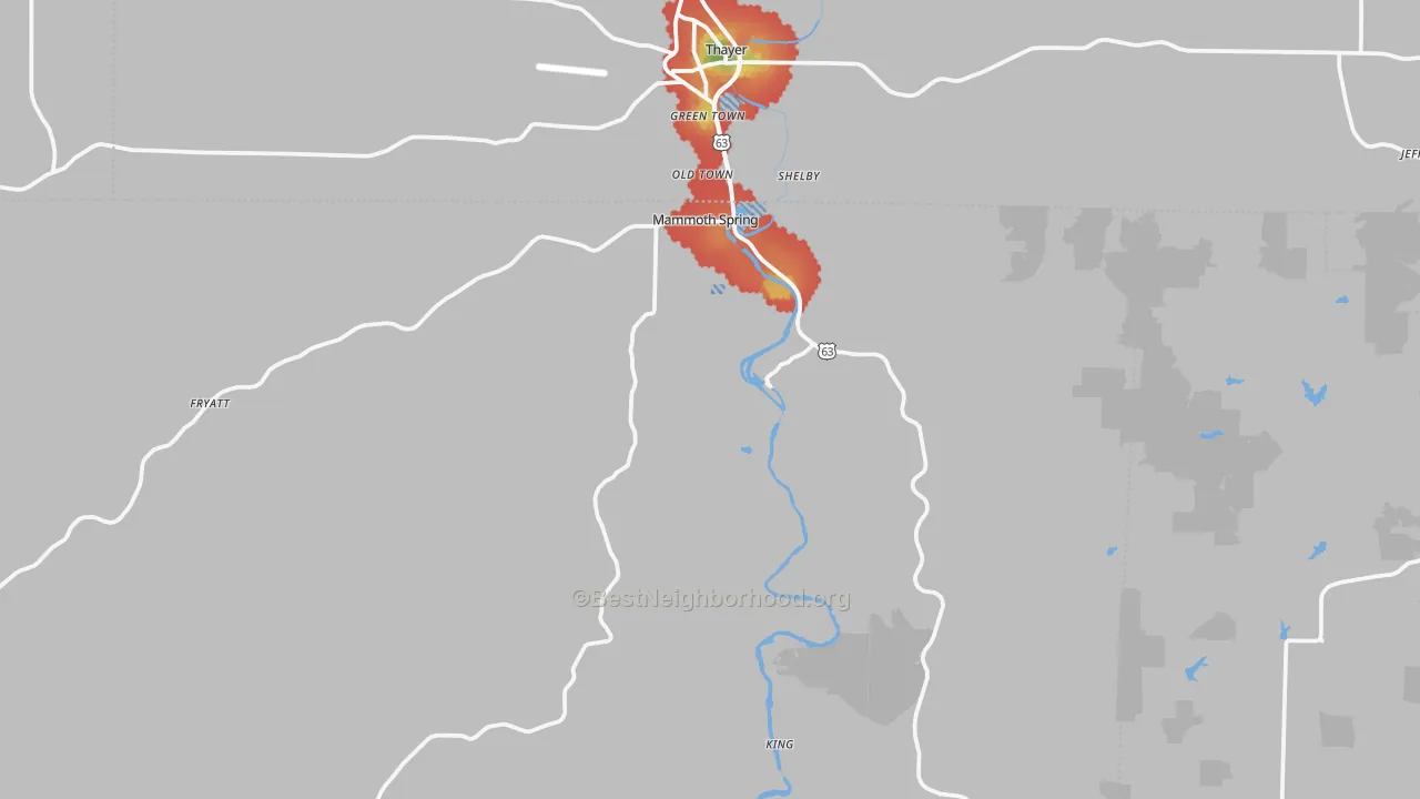 Walk Grade map of 72554, AR, walkable areas in green and car-dependent areas in red