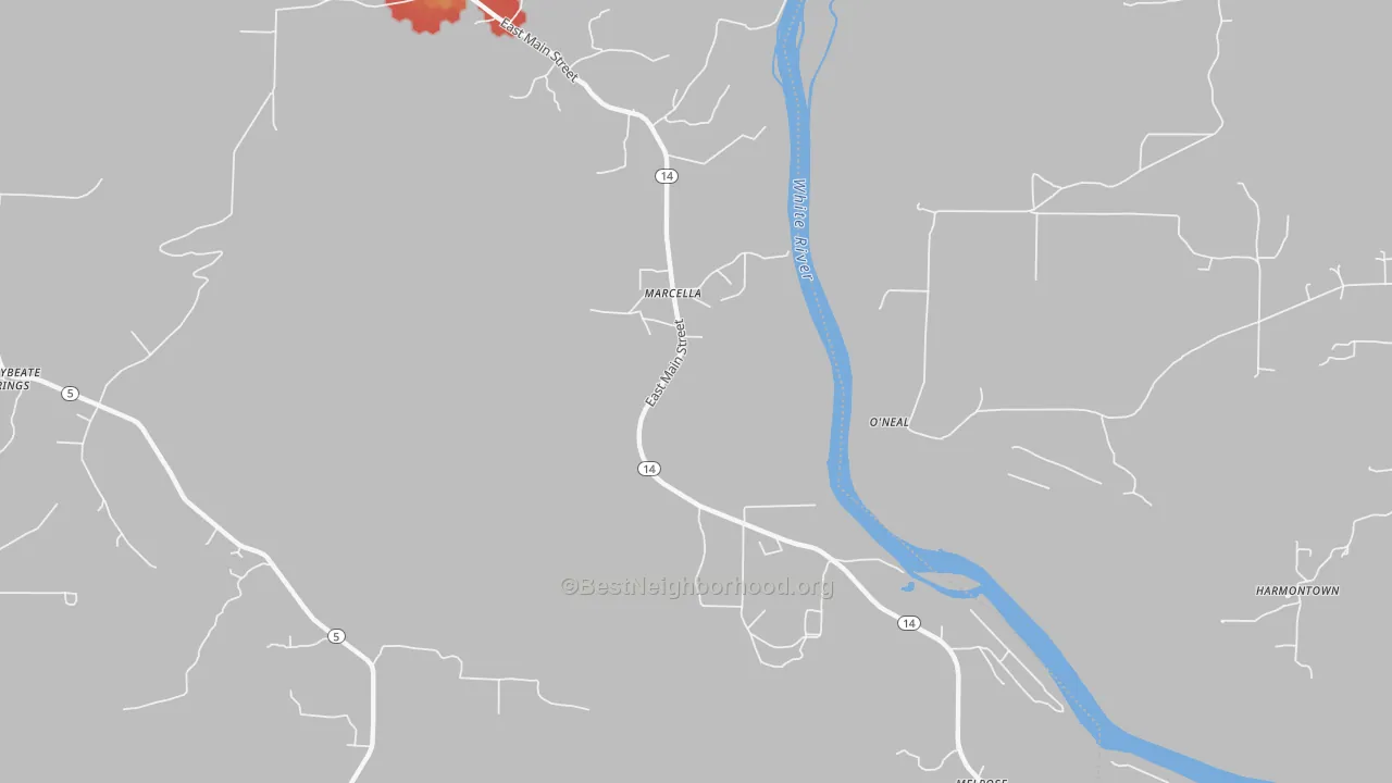 Walk Grade map of 72555, AR, walkable areas in green and car-dependent areas in red