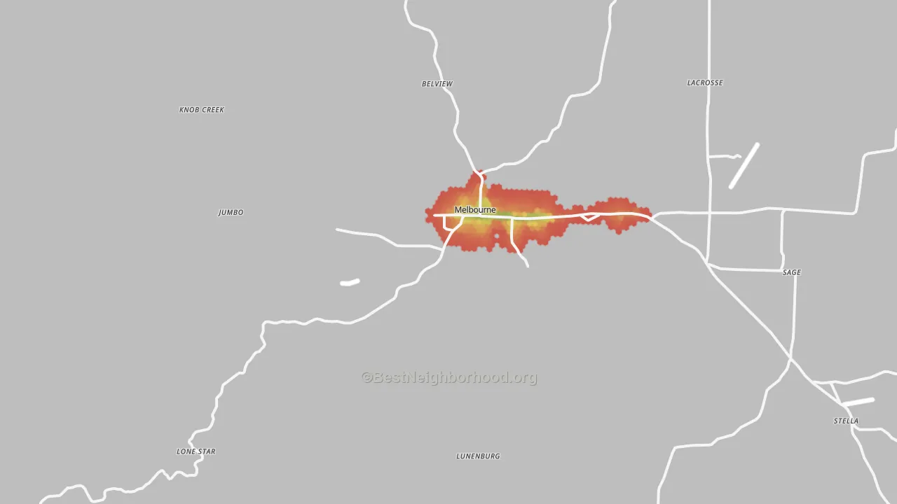 Walk Grade map of 72556, AR, walkable areas in green and car-dependent areas in red