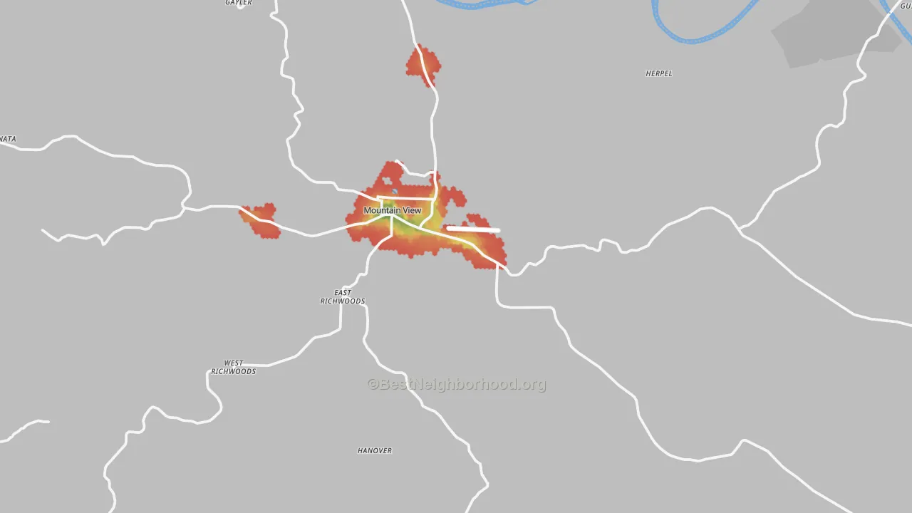 Walk Grade map of 72560, AR, walkable areas in green and car-dependent areas in red