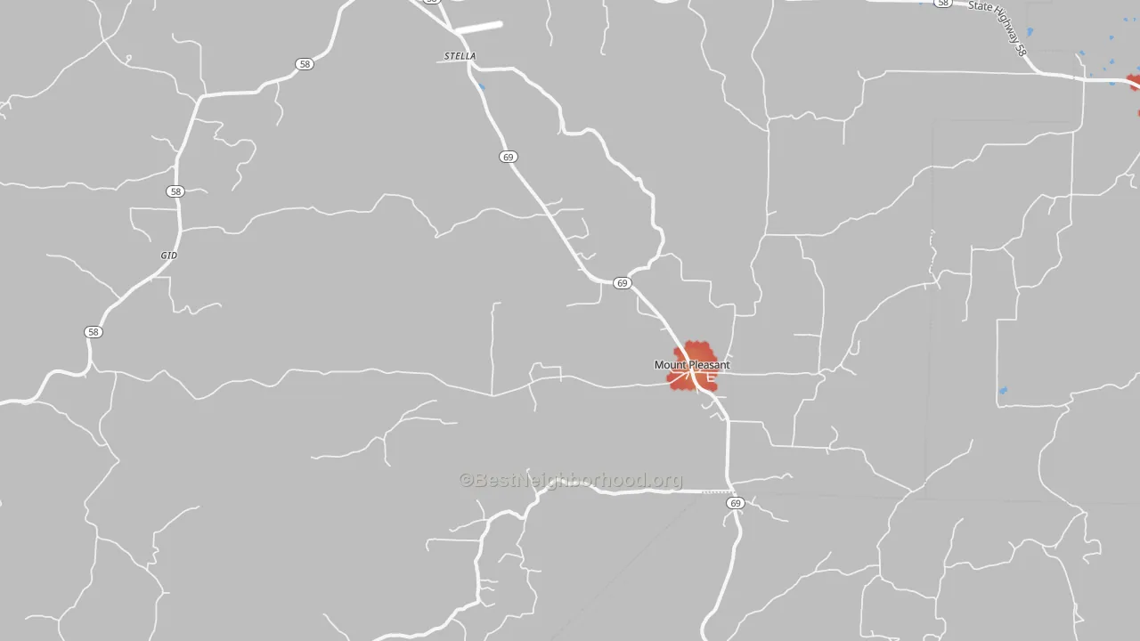 Walk Grade map of 72561, AR, walkable areas in green and car-dependent areas in red