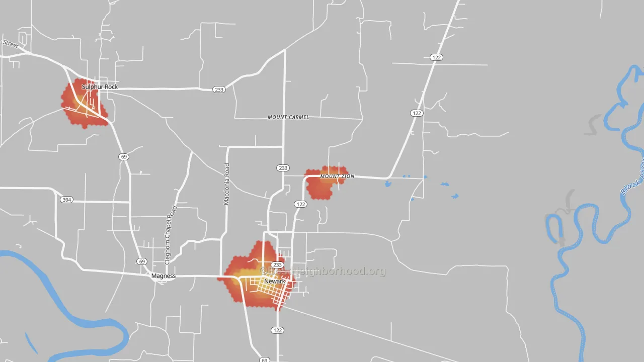 Walk Grade map of 72562, AR, walkable areas in green and car-dependent areas in red