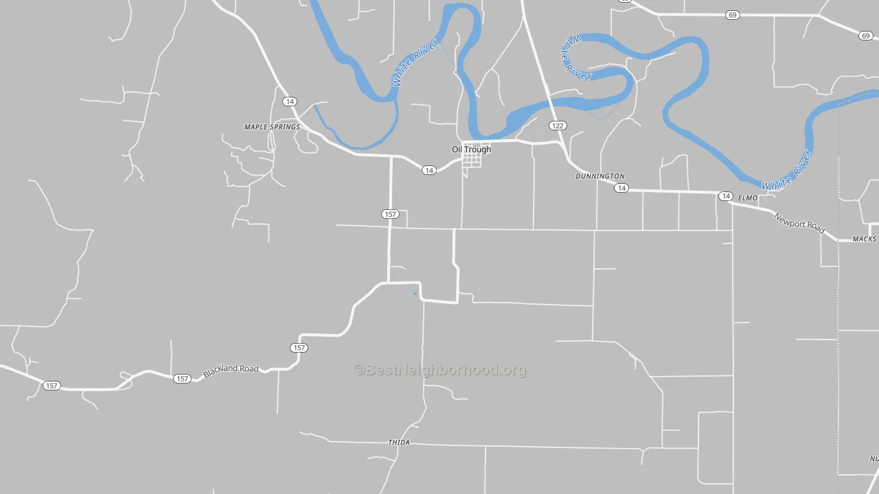 Walk Grade map of 72564, AR, walkable areas in green and car-dependent areas in red
