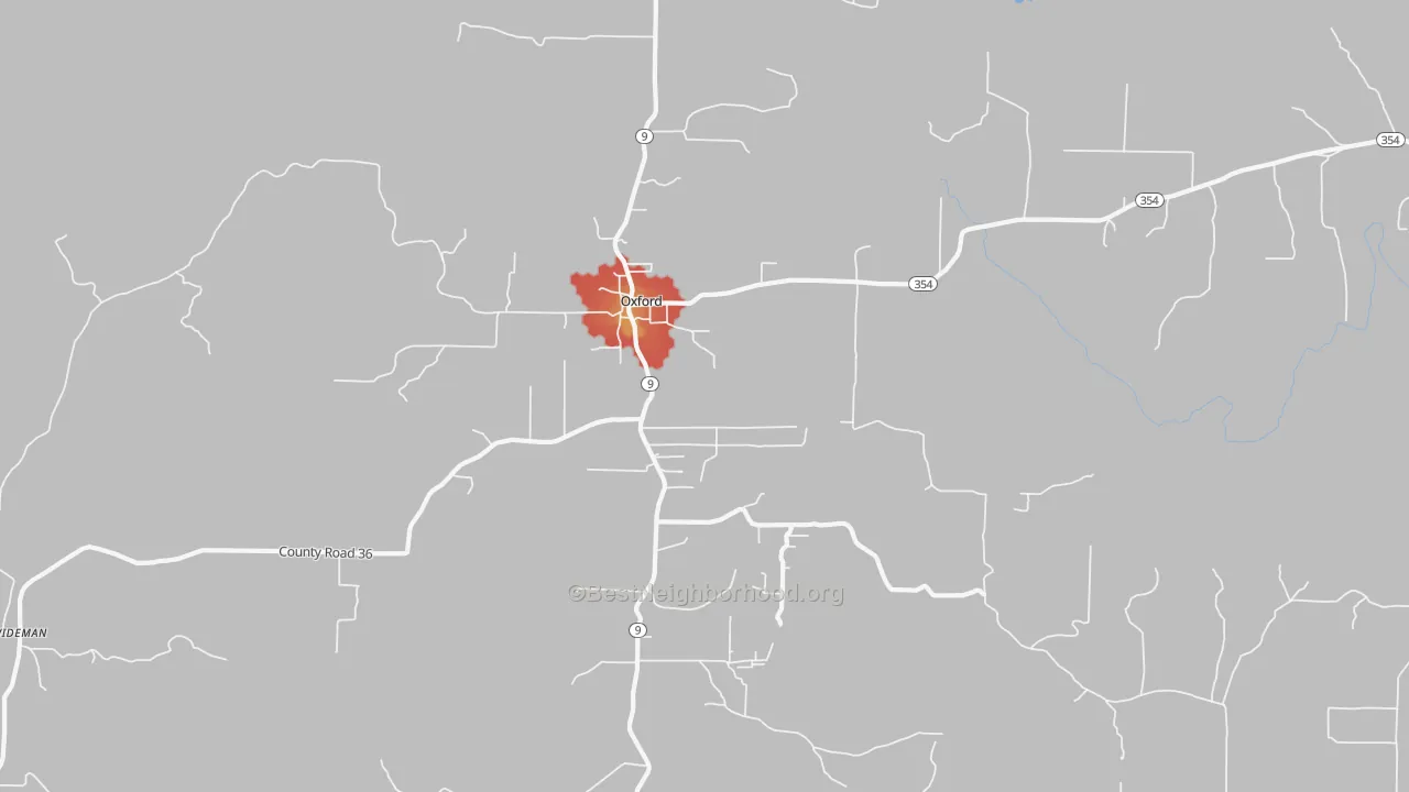 Walk Grade map of 72565, AR, walkable areas in green and car-dependent areas in red