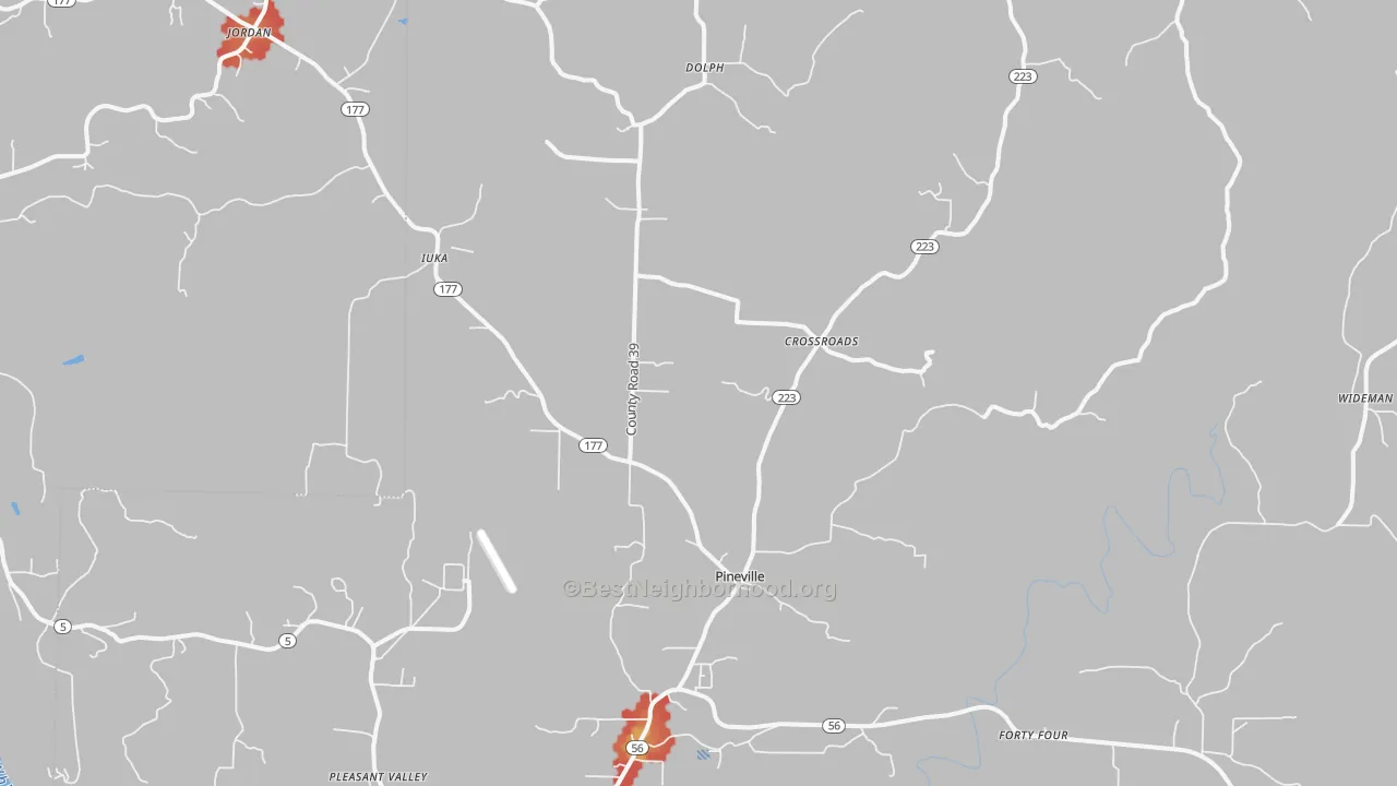Walk Grade map of 72566, AR, walkable areas in green and car-dependent areas in red