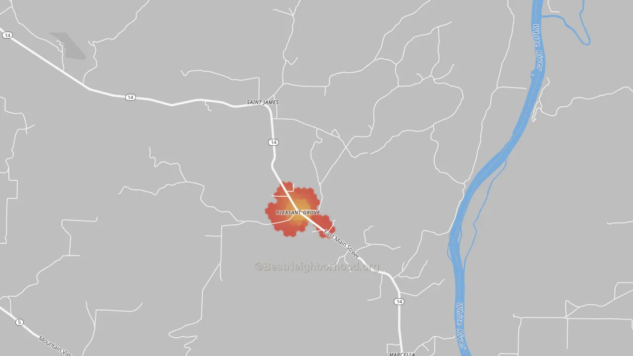Walk Grade map of 72567, AR, walkable areas in green and car-dependent areas in red