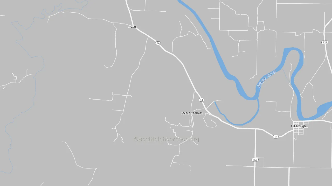 Walk Grade map of 72571, AR, walkable areas in green and car-dependent areas in red