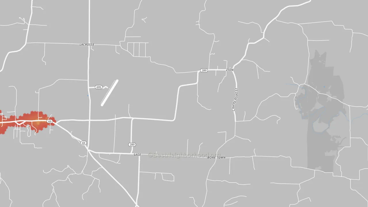 Walk Grade map of 72573, AR, walkable areas in green and car-dependent areas in red