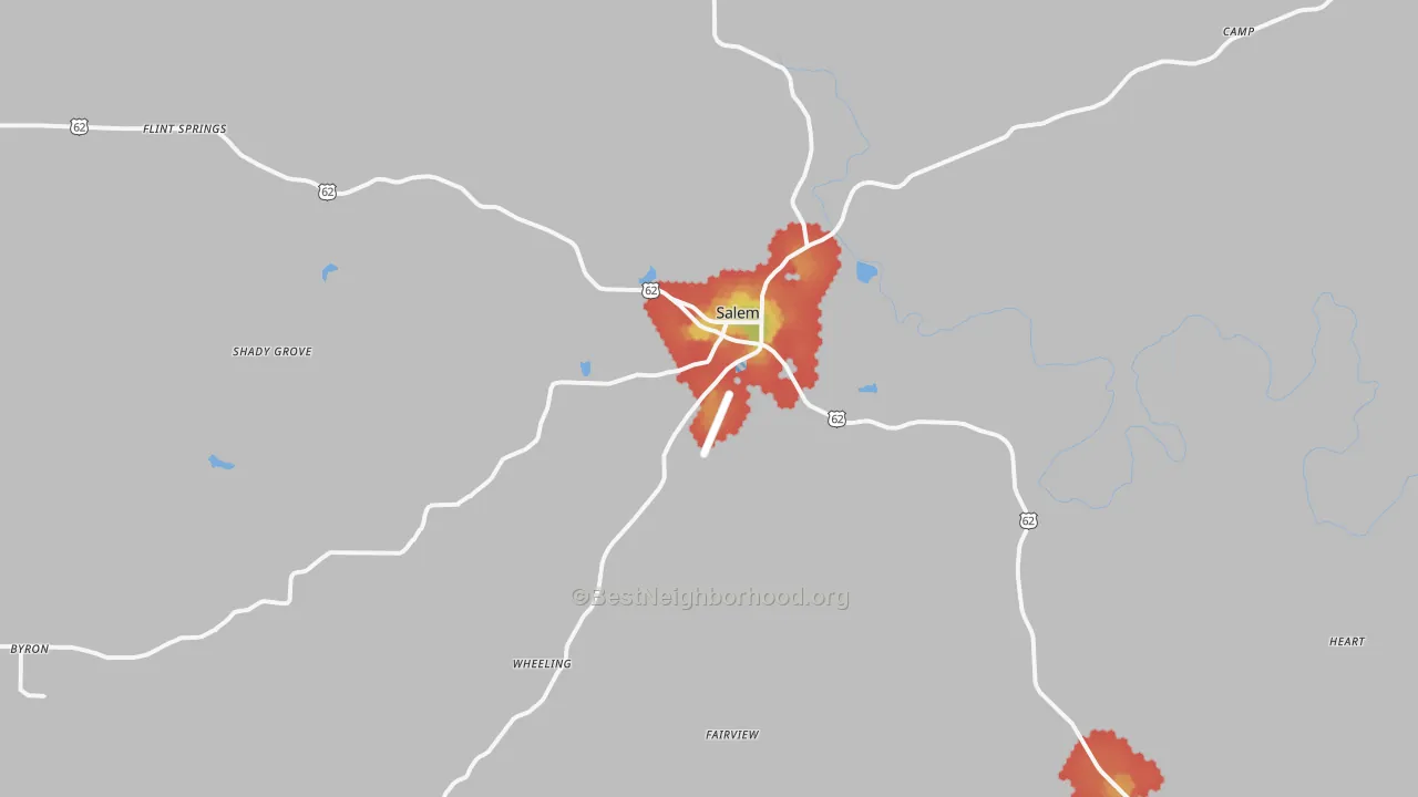 Walk Grade map of 72576, AR, walkable areas in green and car-dependent areas in red