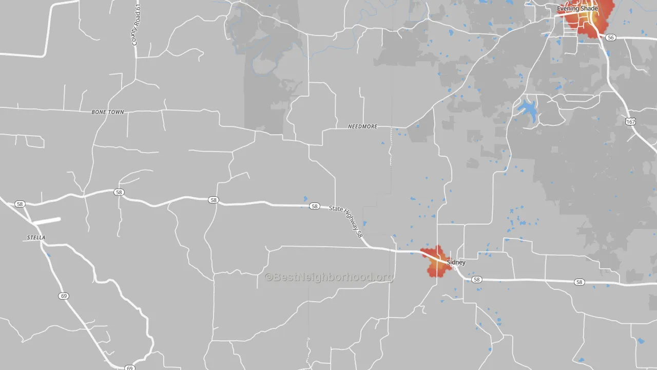 Walk Grade map of 72577, AR, walkable areas in green and car-dependent areas in red