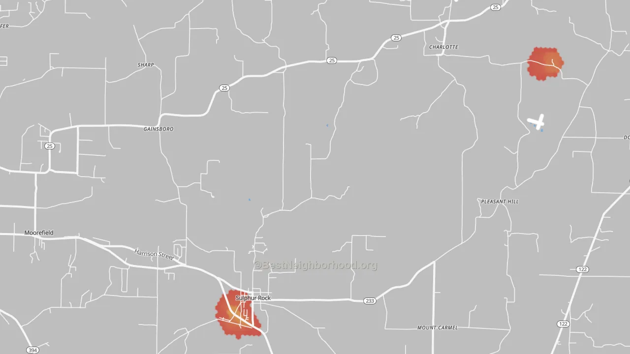 Walk Grade map of 72579, AR, walkable areas in green and car-dependent areas in red