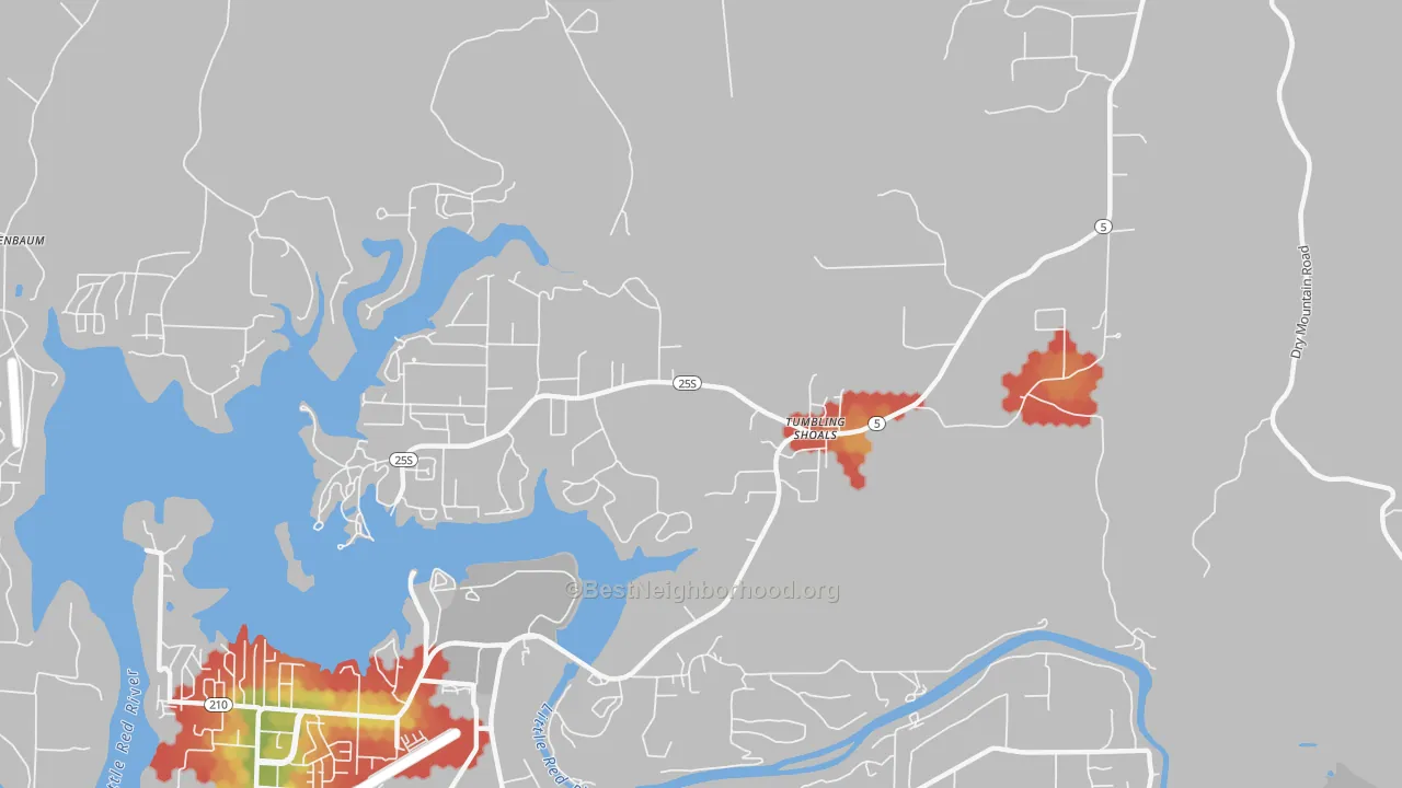 Walk Grade map of 72581, AR, walkable areas in green and car-dependent areas in red