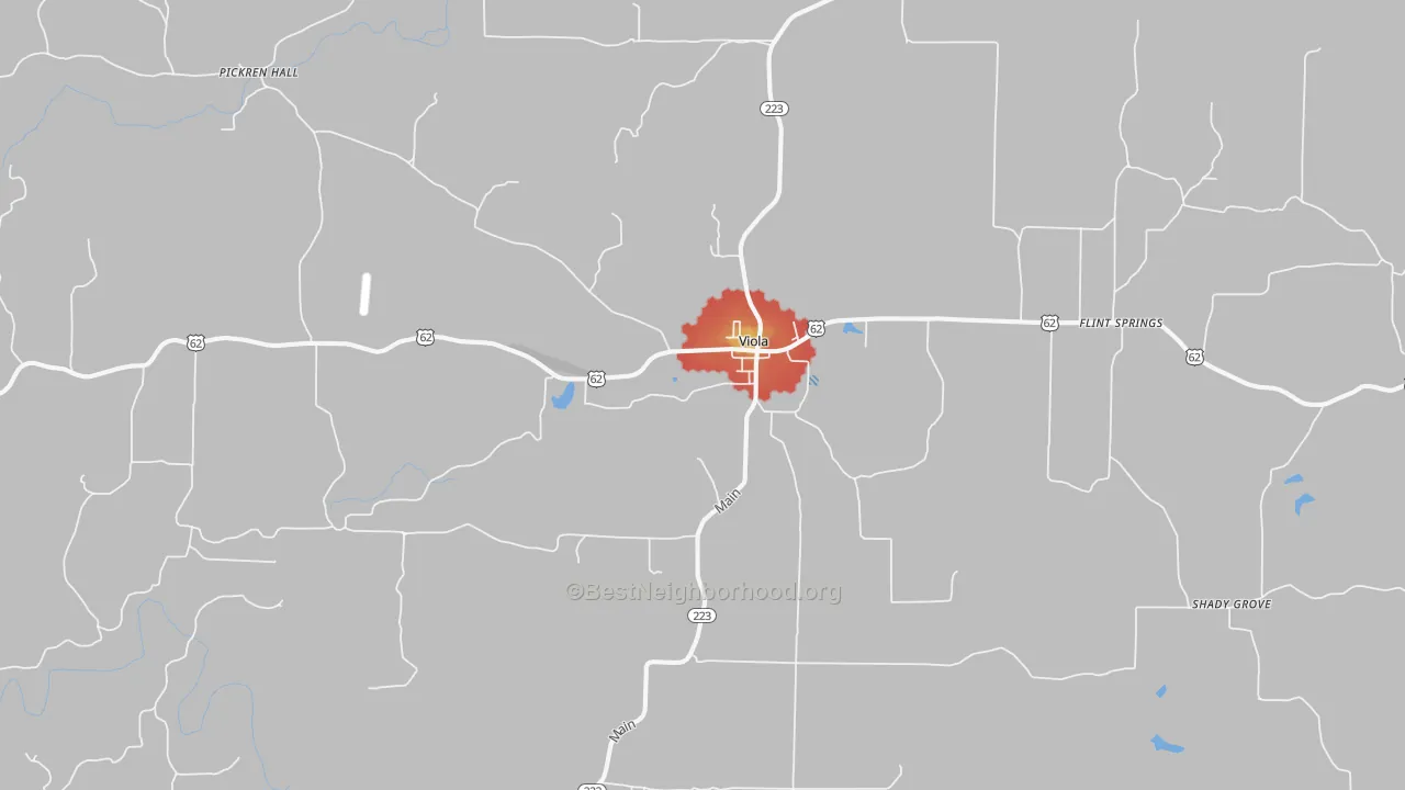 Walk Grade map of 72583, AR, walkable areas in green and car-dependent areas in red