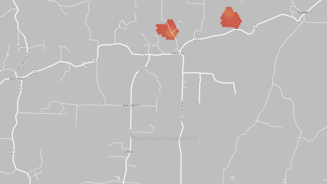 Walk Grade map of 72584, AR, walkable areas in green and car-dependent areas in red