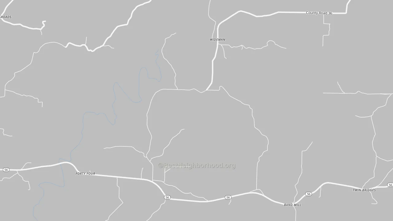 Walk Grade map of 72585, AR, walkable areas in green and car-dependent areas in red