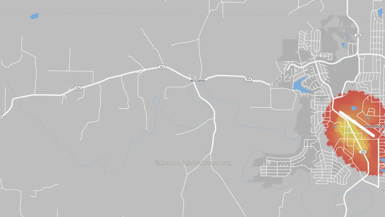 Walk Grade map of 72587, AR, walkable areas in green and car-dependent areas in red