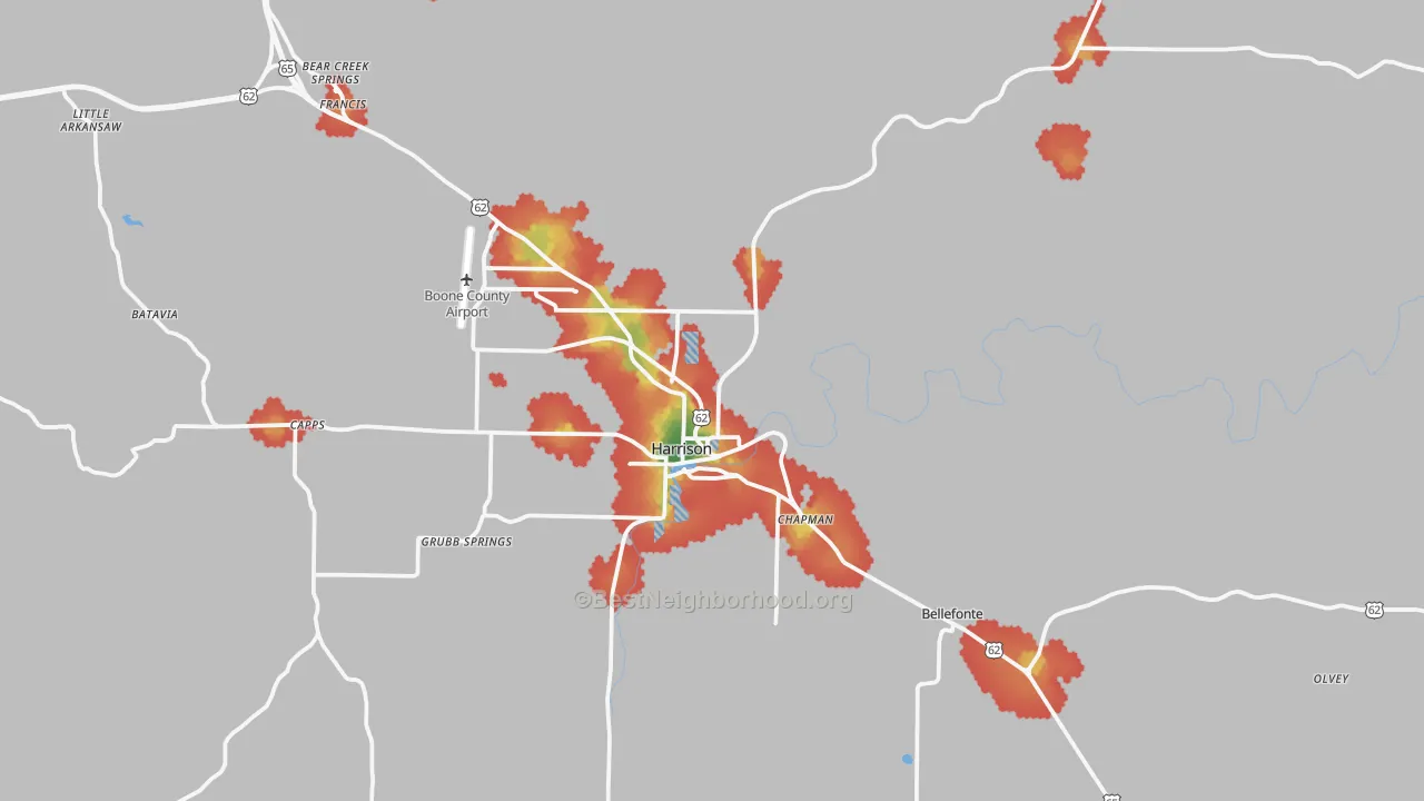 Walk Grade map of 72601, AR, walkable areas in green and car-dependent areas in red
