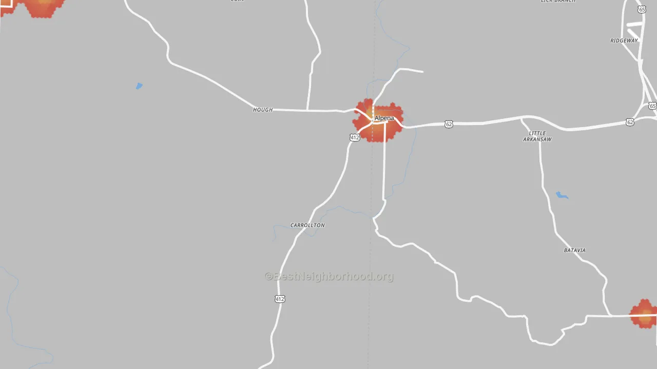 Walk Grade map of 72611, AR, walkable areas in green and car-dependent areas in red