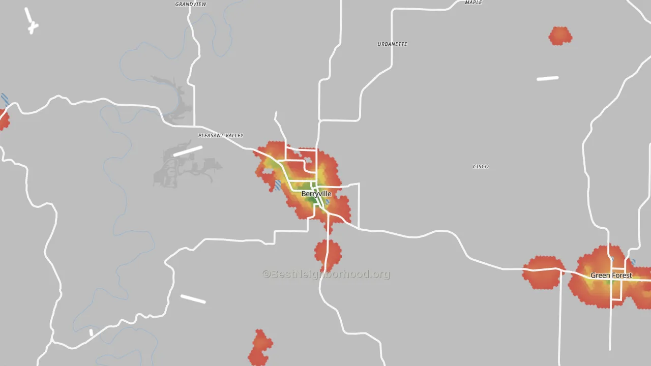 Walk Grade map of 72616, AR, walkable areas in green and car-dependent areas in red