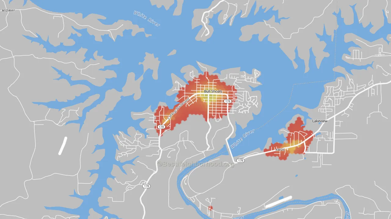 Walk Grade map of 72619, AR, walkable areas in green and car-dependent areas in red
