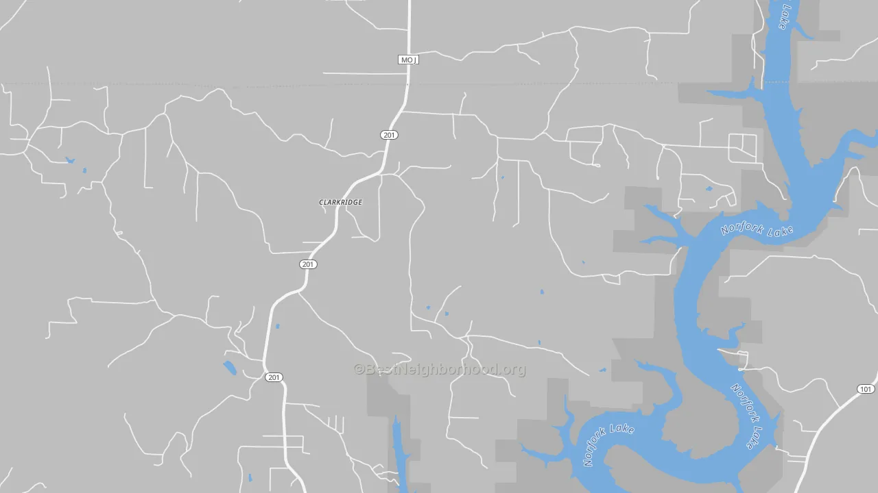 Walk Grade map of 72623, AR, walkable areas in green and car-dependent areas in red