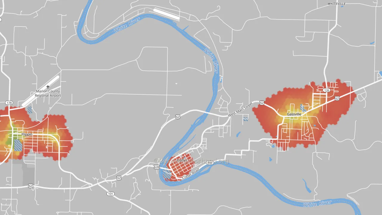 Walk Grade map of 72626, AR, walkable areas in green and car-dependent areas in red