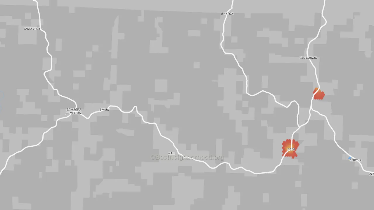 Walk Grade map of 72628, AR, walkable areas in green and car-dependent areas in red