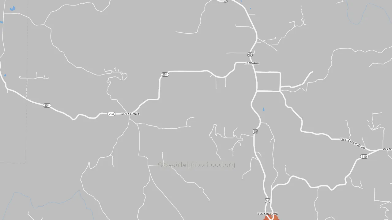 Walk Grade map of 72629, AR, walkable areas in green and car-dependent areas in red