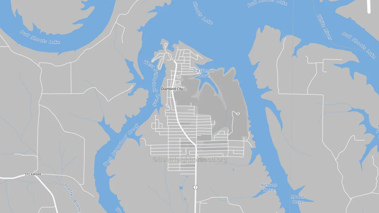 Walk Grade map of 72630, AR, walkable areas in green and car-dependent areas in red