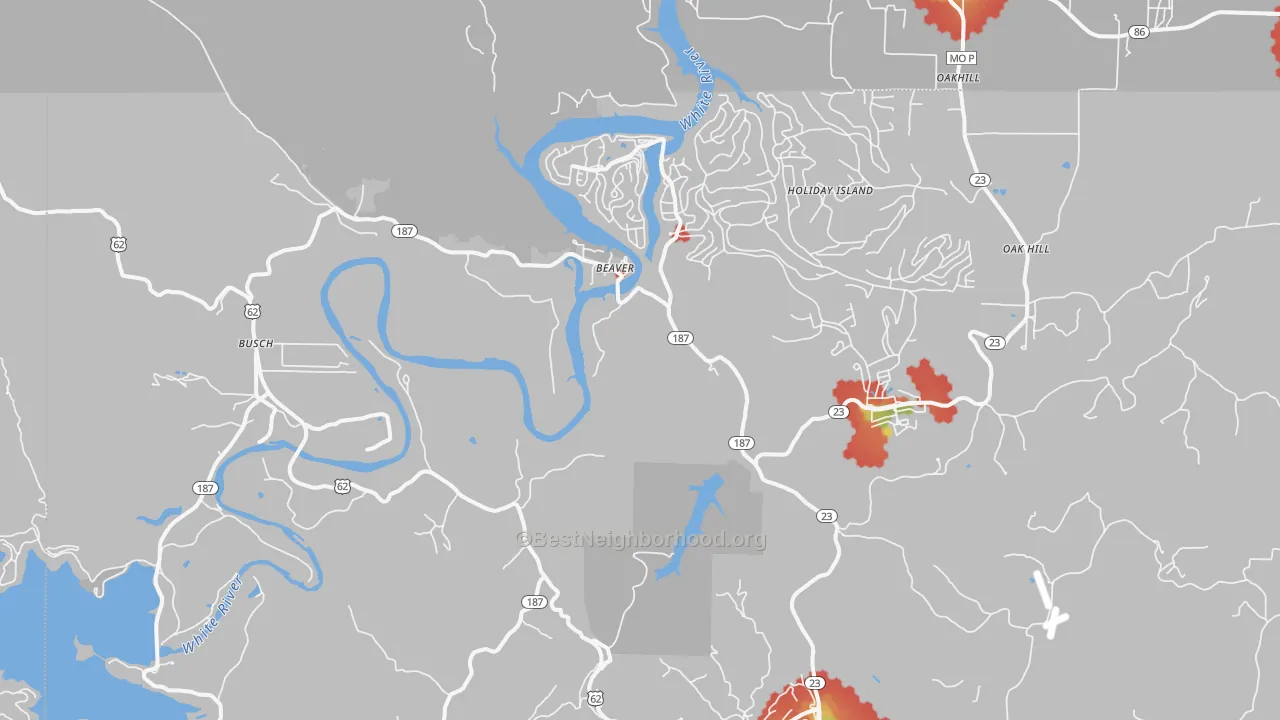 Walk Grade map of 72631, AR, walkable areas in green and car-dependent areas in red