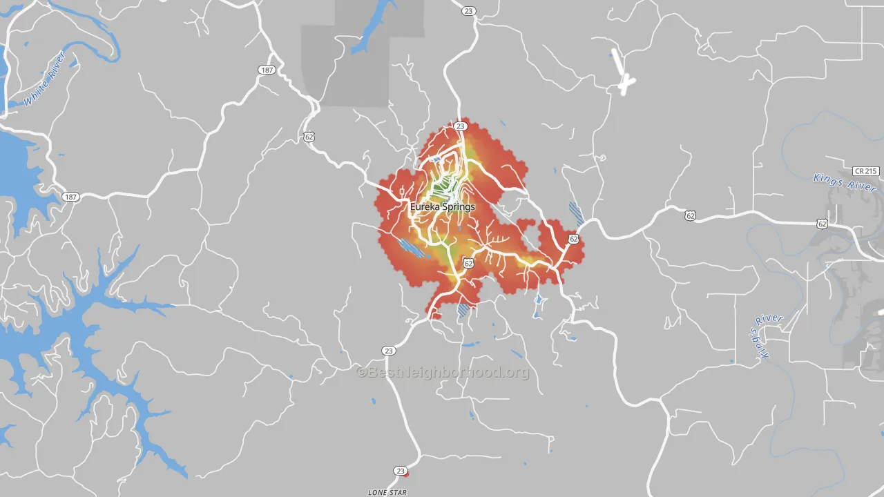 Walk Grade map of 72632, AR, walkable areas in green and car-dependent areas in red