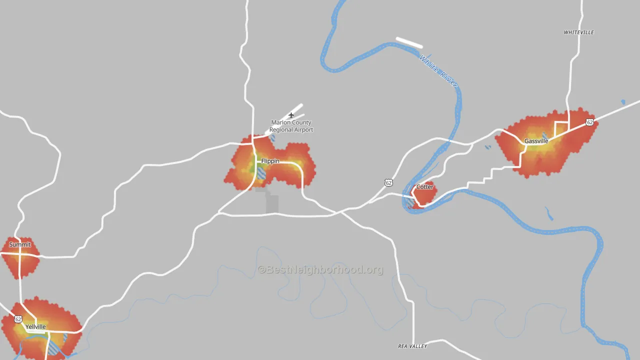 Walk Grade map of 72634, AR, walkable areas in green and car-dependent areas in red