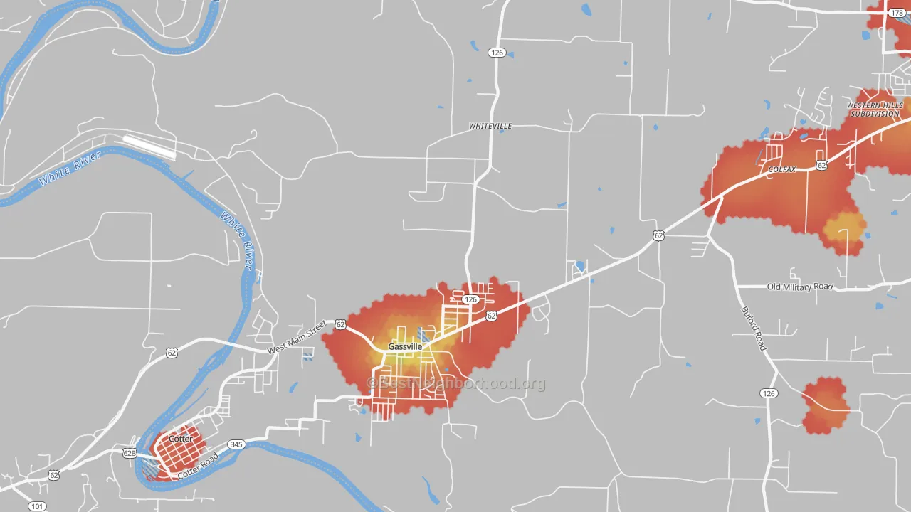 Walk Grade map of 72635, AR, walkable areas in green and car-dependent areas in red