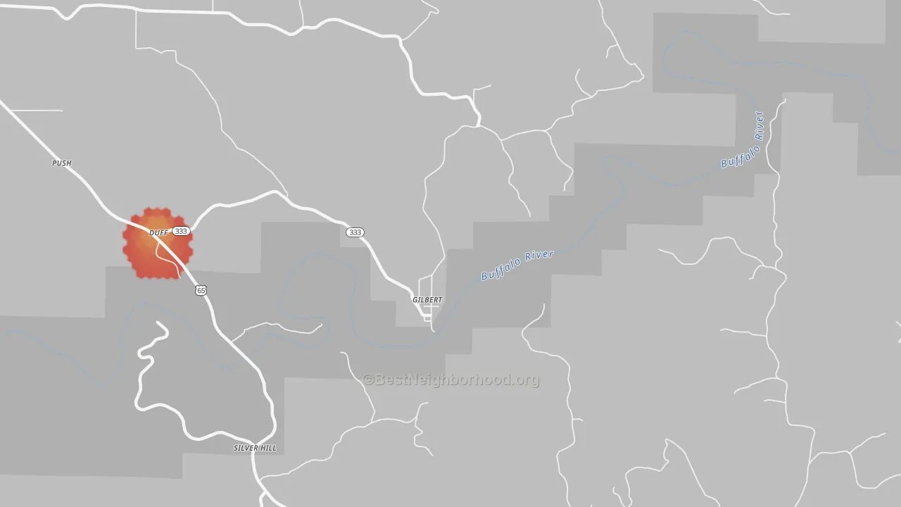 Walk Grade map of 72636, AR, walkable areas in green and car-dependent areas in red