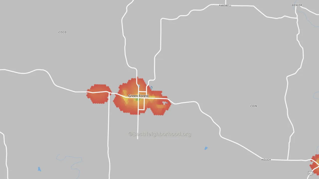 Walk Grade map of 72638, AR, walkable areas in green and car-dependent areas in red